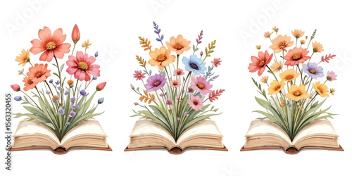 Vector art of colorful flowers bloom from open books isolated on white background