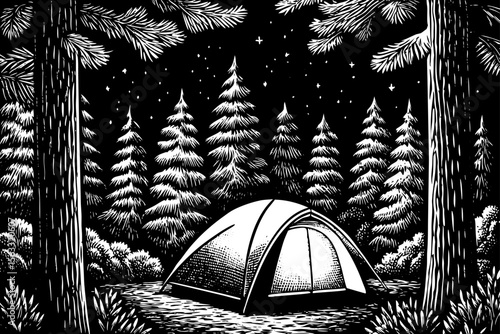 camping tent under pine trees and stars, perfect for travel posters, outdoor gear branding or adventure stories a black and white line art illustration