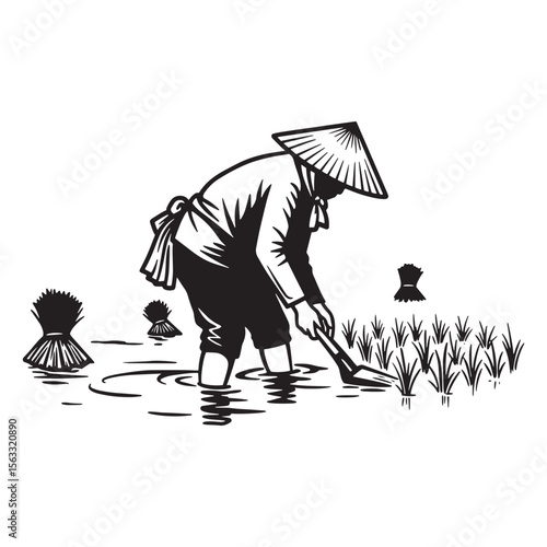 Black and white illustration of an asian farmer planting rice in a flooded field
