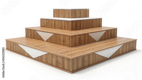 Modern Minimalist Wooden Pyramid Display Stand: Four-Tiered, Light Oak Finish with White Geometric Accents, Clean Studio Shot, Product Presentation, Retail, Advertising.