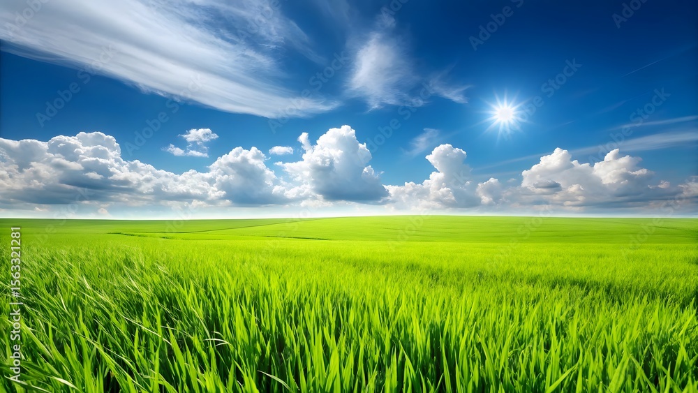 Obraz premium Lush Green Grass Field Under Blue Sky with Sun and Clouds – Nature Landscape Background