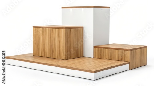 Modern Minimalist Wooden Display Stand with White Accents: Product Presentation Platform, Clean and Elegant Design, Ideal for Retail or Showroom Displays.