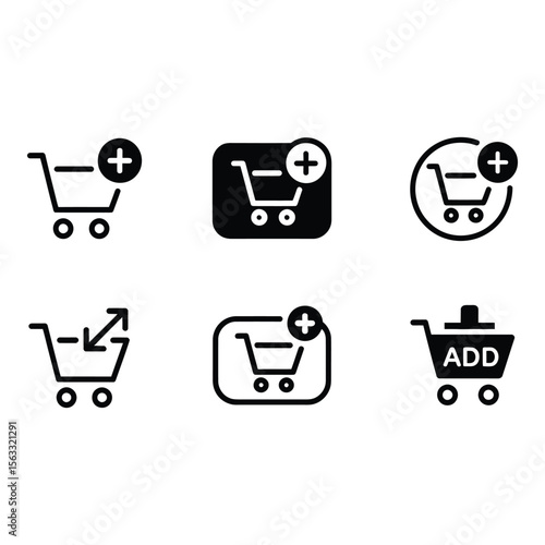 Add to Cart Icons Shopping Cart Plus Sign Symbols Black and White UI Design Elements E commerce Graphics