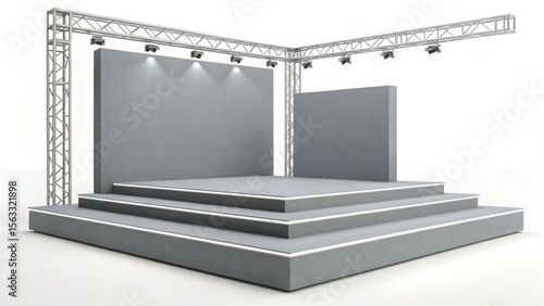 Modern Minimalist Exhibition Stage: Three-Tiered Platform with Integrated Lighting, Blank Backdrop, and Sleek Metal Truss Structure, Ideal for Product Displays or Presentations.