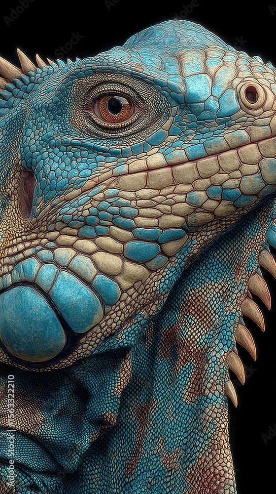 Fototapeta premium Close-up view of a vibrant blue lizard showcasing intricate textures and details in a natural setting