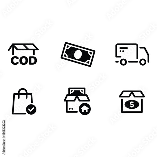 Cash on Delivery COD Icons Modern Bold Black Glyph Style for E commerce Shipping and Online Payment
