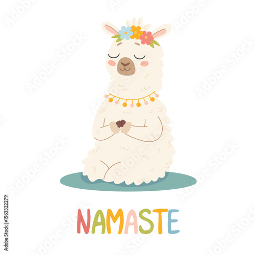 Cute lama in a yoga pose on a white background. Cute children's style. Cute relaxed llama in meditation pose. Alpaca. Vector illustration in cartoon style.