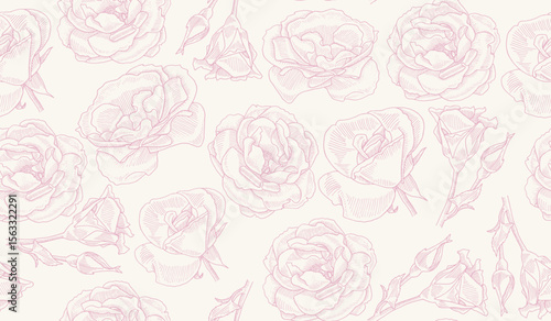 Rose Seamless Pattern flowers in pink vintage style. Gentle pastel color floral hand drawn wallpaper for scrapbooking, invitations, package design, fabric print. Holiday botanical background. 