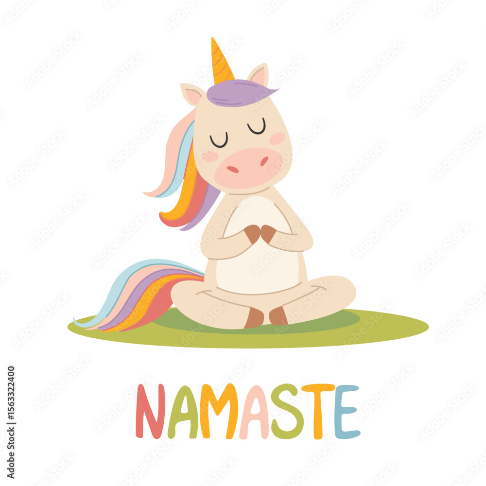 Cute cartoon unicorn sitting on the grass and meditating. Children's style. Vector illustration. Cute cartoon unicorn sitting on the grass and meditating. Children's style. Vector illustration.