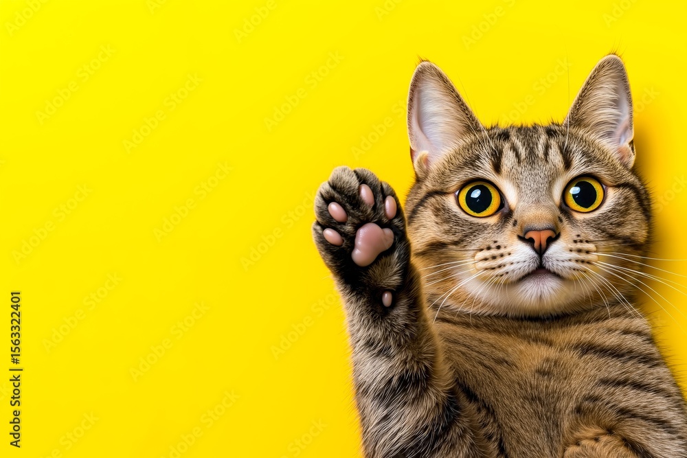 Obraz premium A cat with its paw up in the air on a yellow background