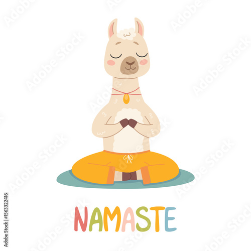 Cute lama in a yoga pose on a white background. Cute children's style. Cute relaxed llama in meditation pose. Alpaca. Vector illustration in cartoon style.