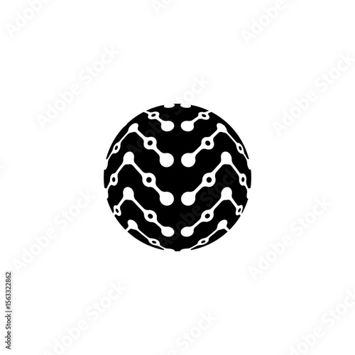 A black 3D globe icon featuring a seamless circuit-link pattern, resembling digital pathways or blockchain connections. This abstract, futuristic design symbolizes global connectivity, smart technolog