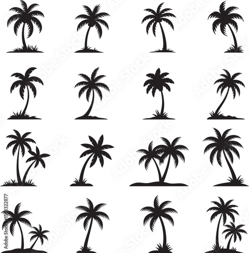 Tropical palm tree silhouette bundle featuring diverse exotic shapes for nature inspired vector illustrations summer vacation beach and island themes