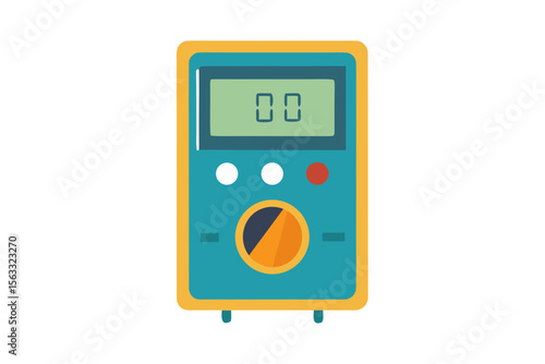 Flat design illustration of a teal digital multimeter with orange accents
