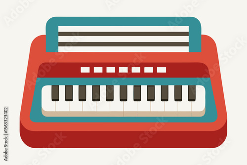 Retro red and teal electronic keyboard with music stand