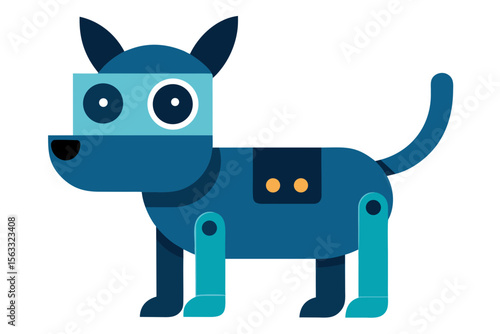Geometric blue robot dog with big white eyes and tail