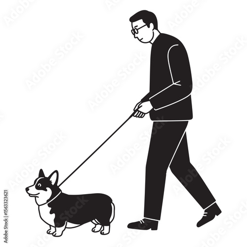 Man walking a corgi dog on a leash in black and white vector illustration