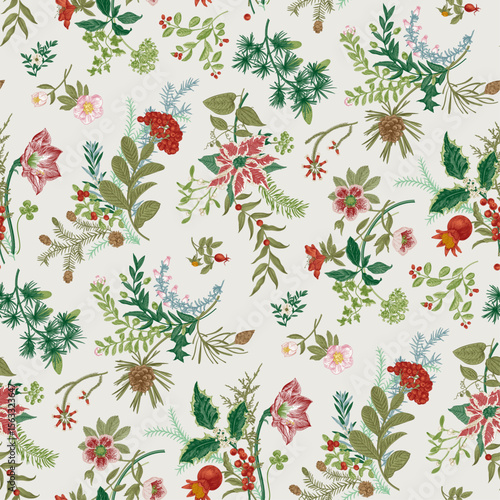 Seamless christmas pattern. Winter flora. Colorful
