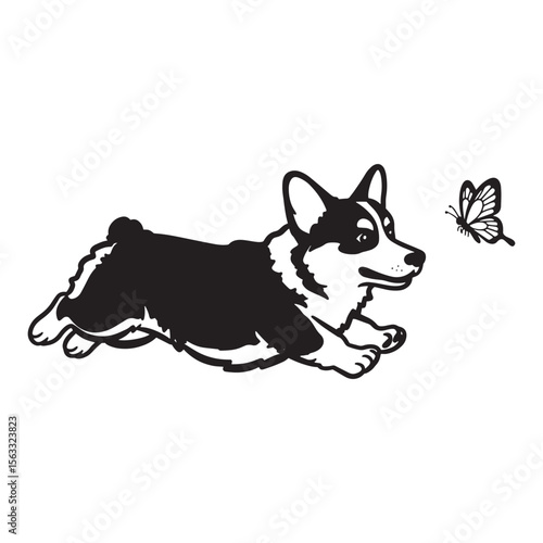 Playful corgi chasing butterfly in black and white simplified vector illustration