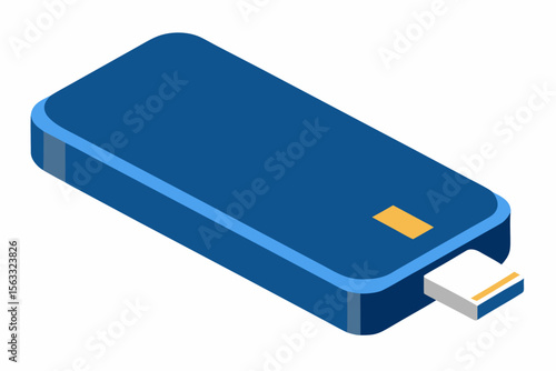 Isometric blue usb flash drive with orange accent and white connector