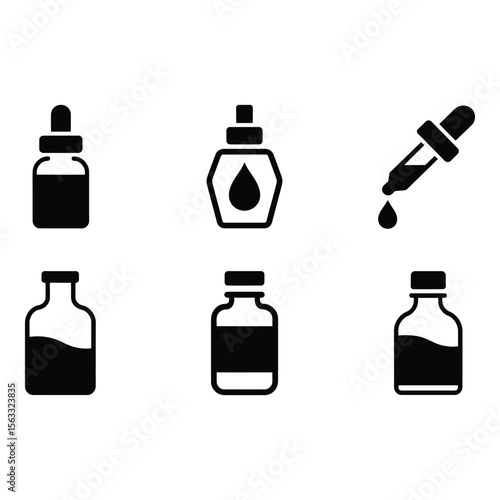 Collection of Six Bold Black Glyph Icons Essential Oil Bottles and Dropper