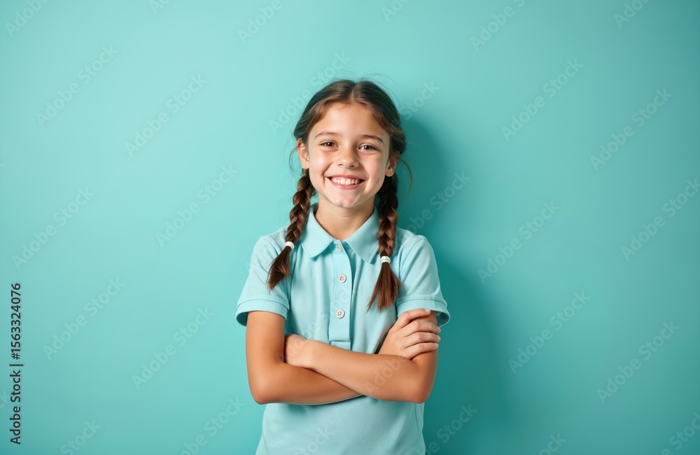 Joyful Caucasian girl with braided hair smiles with arms crossed on turquoise background. Young schoolgirl in children polo shirt stands happy. Portrait of confident preteen female, positive Joyful Caucasian girl with braided hair smiles with arms crossed on turquoise background. Young schoolgirl in children polo shirt stands happy. Portrait of confident preteen female, positive