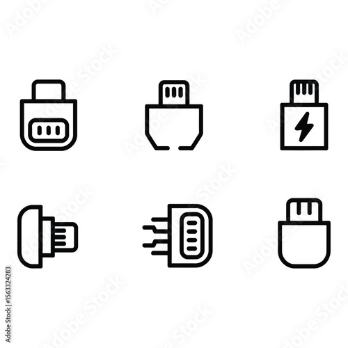 Collection of Six Minimalist Black and White USB and Connector Icons