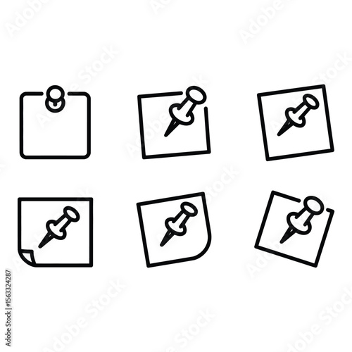 Collection of Six Bold Outline Icons Push Pin on Note Papers Minimalist Modern Design