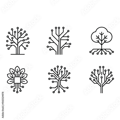 Collection of six minimalist circuit board tree icons modern clean line art technology nature growth concepts