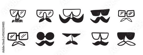 glasses and mustache male funny comic icon doodle hand drawn icon set. Outline drawing line clipart symbol collection