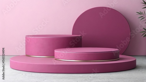 Modern Minimalist Pink Product Display: Two Cylindrical Platforms with Gold Accents, Elegant Studio Backdrop, Concrete Floor, and Subtle Plant Detail.