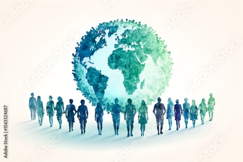 human silhouette globe in blue and green gradient on minimal background. population growth, world population day
