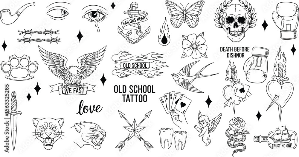 Classic old school tattoos, black and white images of vintage american old school tattoos for sailors, gangsters, hipsters. Black and white outline stickers with Classic retro lettering. 
