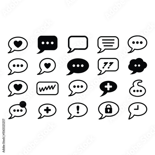 Collection of twenty four diverse monochrome speech bubble icons simple bold and versatile communication symbols