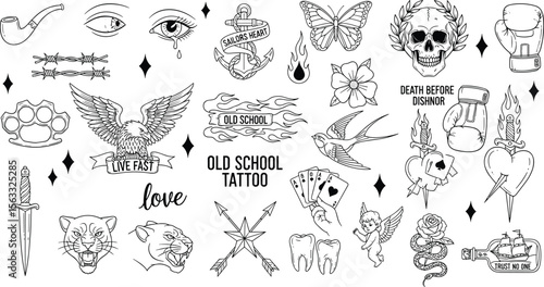 Classic old school tattoos, black and white images of vintage american old school tattoos for sailors, gangsters, hipsters. Black and white outline stickers with Classic retro lettering. 