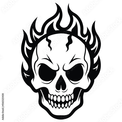 Solid color overheated fire skull illustration design facing sideways vector design on white background