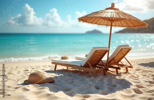 Wallpaper Mural Idyllic beach scene with sun loungers, umbrella, hat. Turquoise ocean, blue sky, white clouds, sun on sand shore. Vacation, relax, travel, leisure concept, summer holiday. Torontodigital.ca
