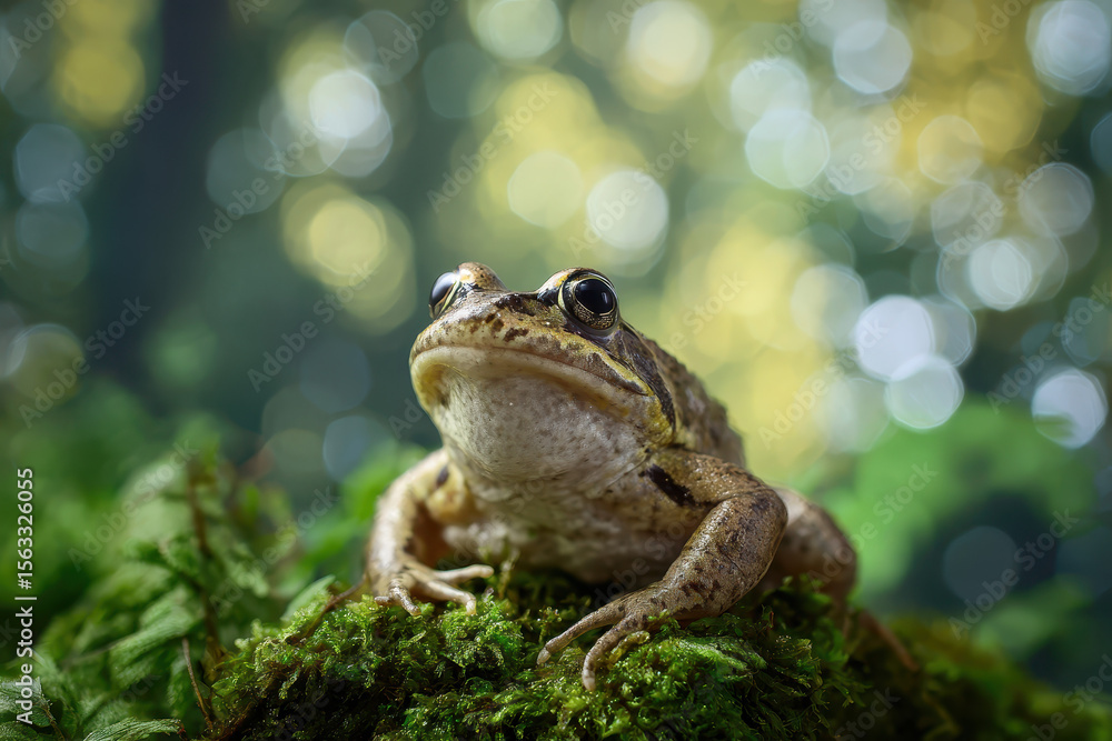 Obraz premium Frog Sitting on Mossy Rock: Soft Golden Bokeh in the Background