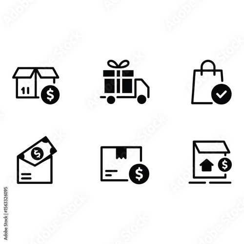 E commerce Icons Modern Bold Black Glyphs Illustrating Online Shopping Delivery and Secure Payment Transactions