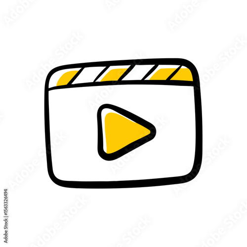 This lively doodle icon features a play button on a video player interface with a clapboard top, perfect for websites and blogs about video content, film, or multimedia production.

