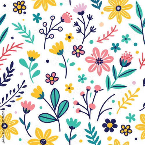 Colorful floral pattern with stylized flowers and leaves