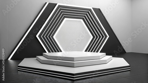 Modern minimalist product display: three-tiered hexagonal podium with sleek black and white geometric backdrop, illuminated for a clean, sophisticated aesthetic.