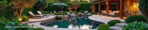 Serene backyard oasis designed for relaxation and entertaining Landscaped with native plants, a patio, and water feature Perfect for a summer evening , irrigation, planting, backyard