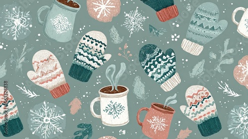 Seamless Winter Pattern with Mugs of Hot Drink, Mittens and Snowflakes