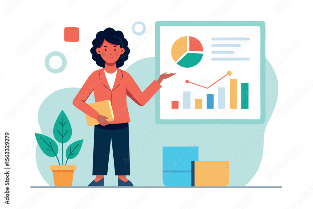 Fototapeta premium Confident businesswoman presenting financial data charts and graphs during a modern business presentation.