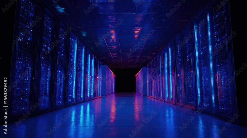 Fototapeta premium Futuristic Cloud Server Racks with Glowing Blue Lights