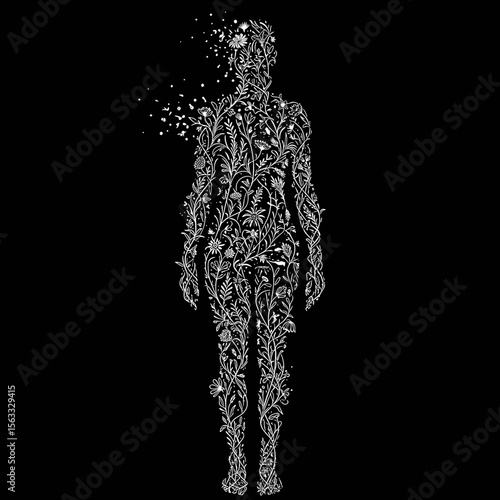 Artistic silhouette of a person filled with floral patterns  