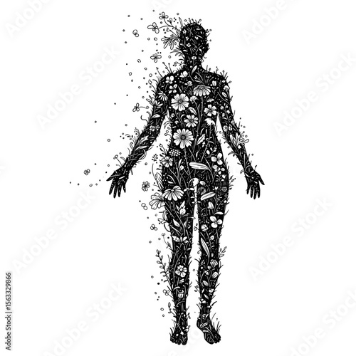 Black silhouette of a woman filled with floral patterns and details  