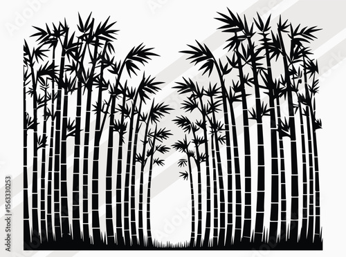 Serene Bamboo Forest Silhouette with Tall Elegant Trees in Natural Black and White Artistic Design