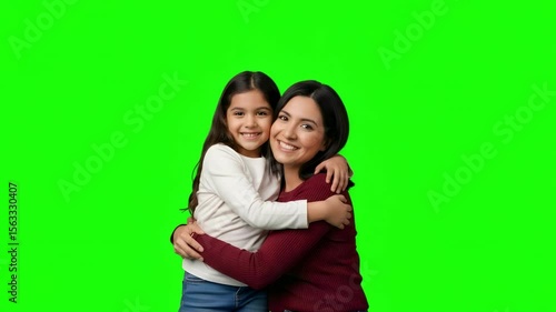 Happy Mother and Daughter Hugging and Smiling for Family Love and Bonding on Green Screen Background